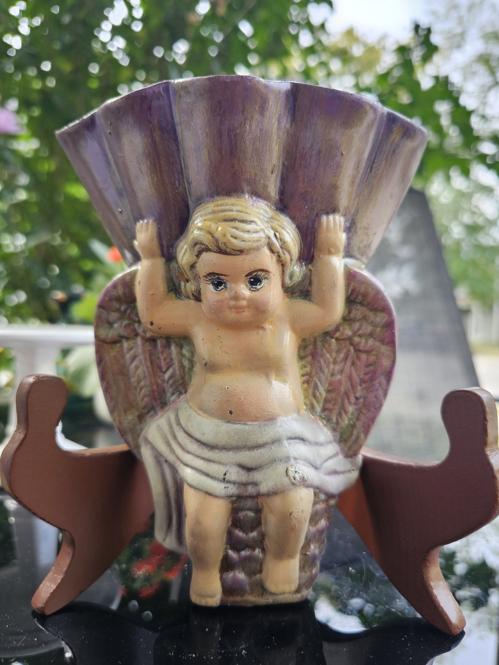Vintage Hand Painted Ceramic Cherub Wall Pocket Planter